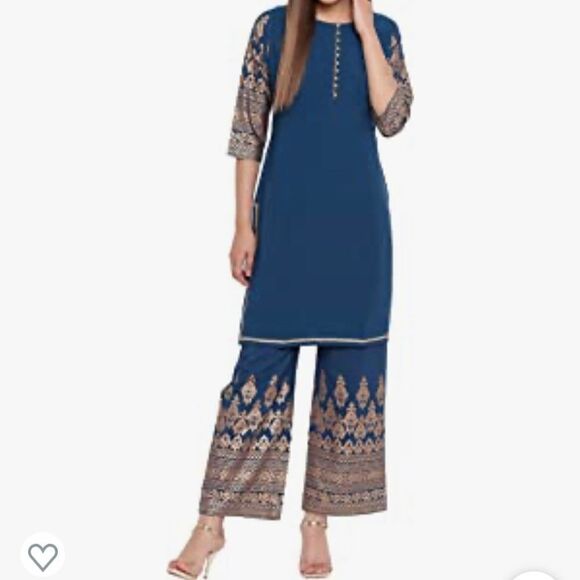 Janasya Indian Women's Teal Poly Crepe Kurti With Palazzo - Picture 5 of 8